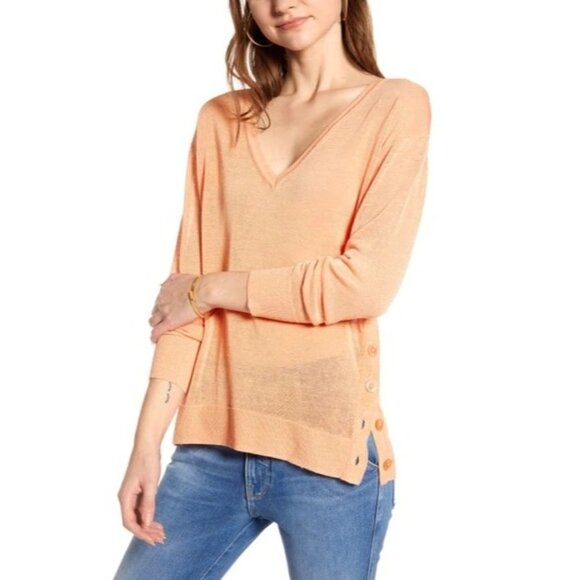 NWT J. Crew Women's V-Neck Linen Sweater with Side Buttons Melon Orange Size XS - Picture 1 of 8